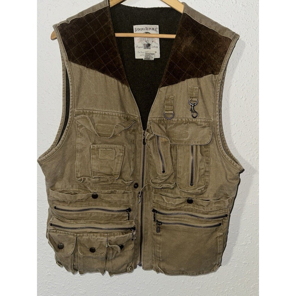 VTG Banana Republic Safari Green Vest Adventure Outfitters Travel 90 Men’s Sz Sm